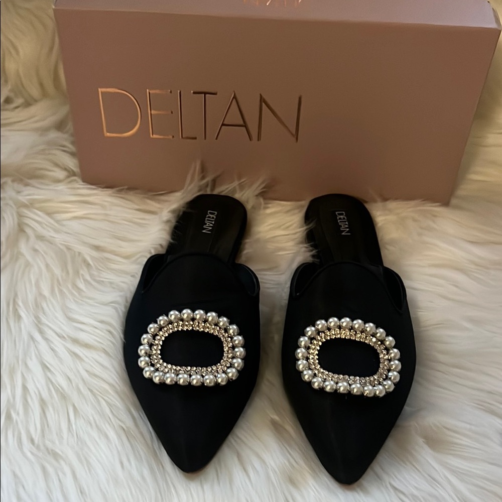 Delta Black Mules with Pearl Accents